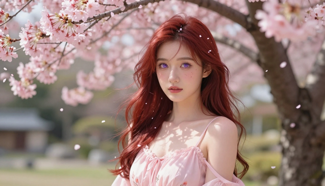 Sakura cherry blossom garden portrait with violet eyes