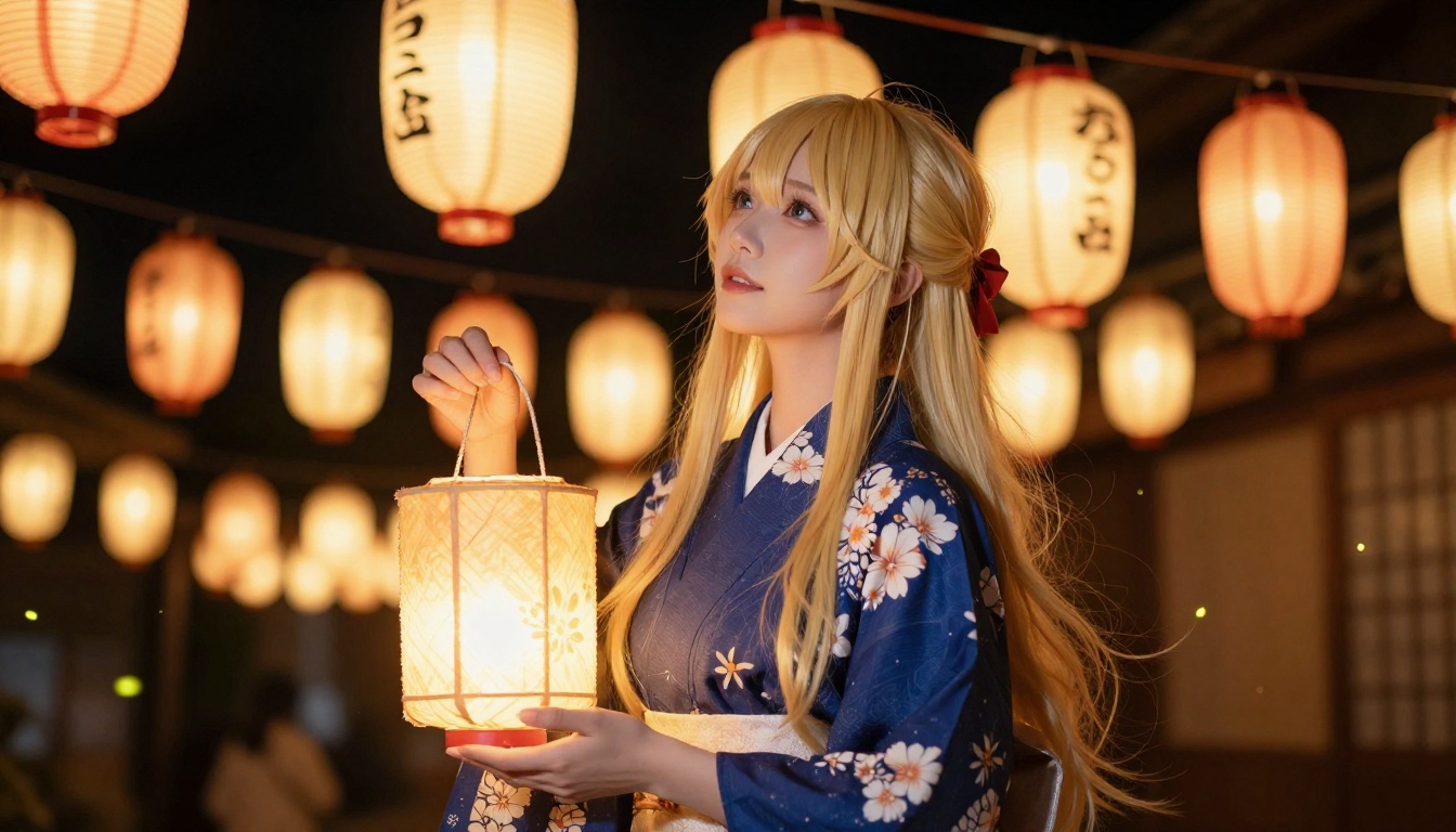 Lantern festival portrait with warm amber light