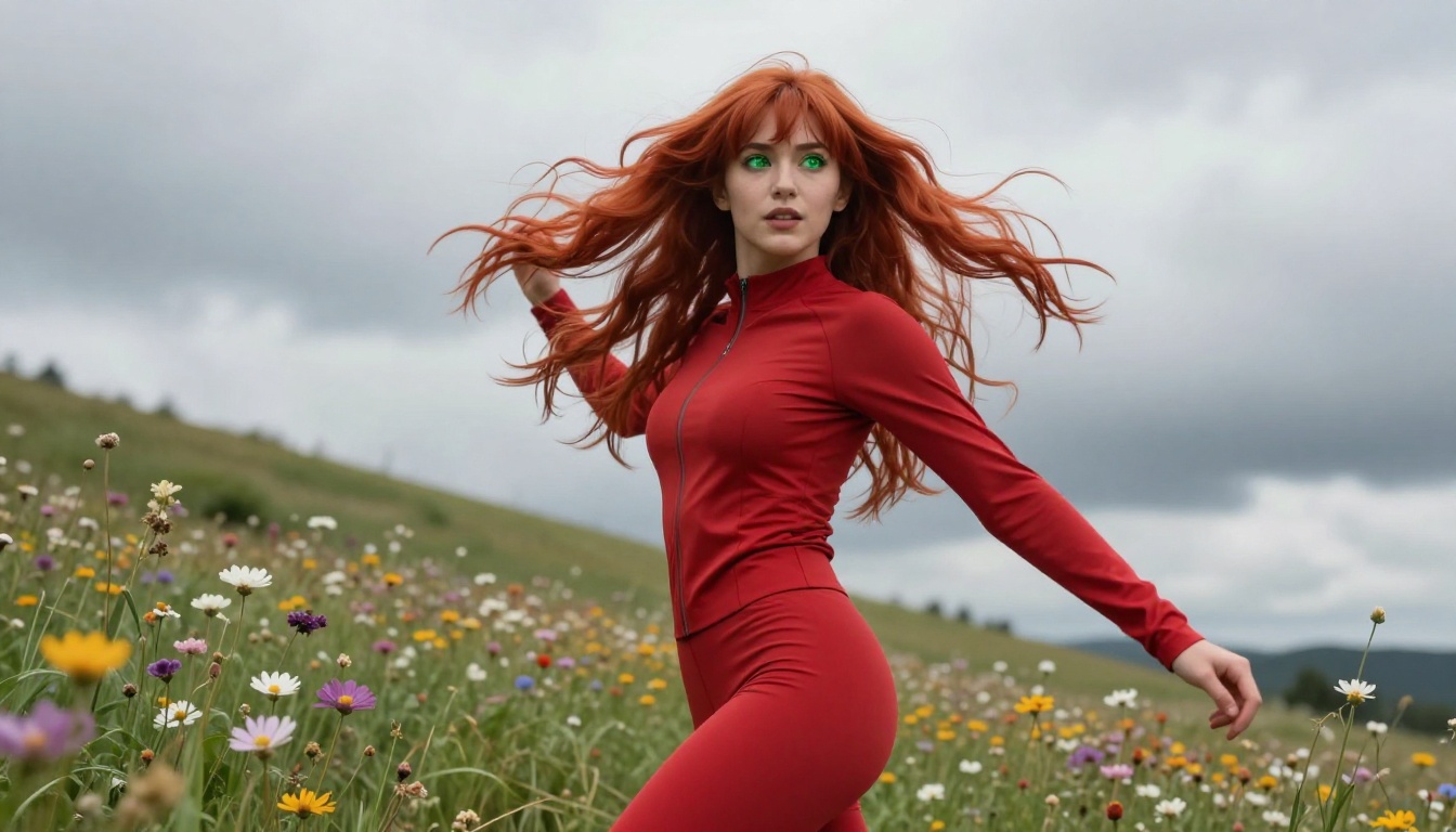 Dynamic outdoor portrait with flowing red hair in wildflower meadow