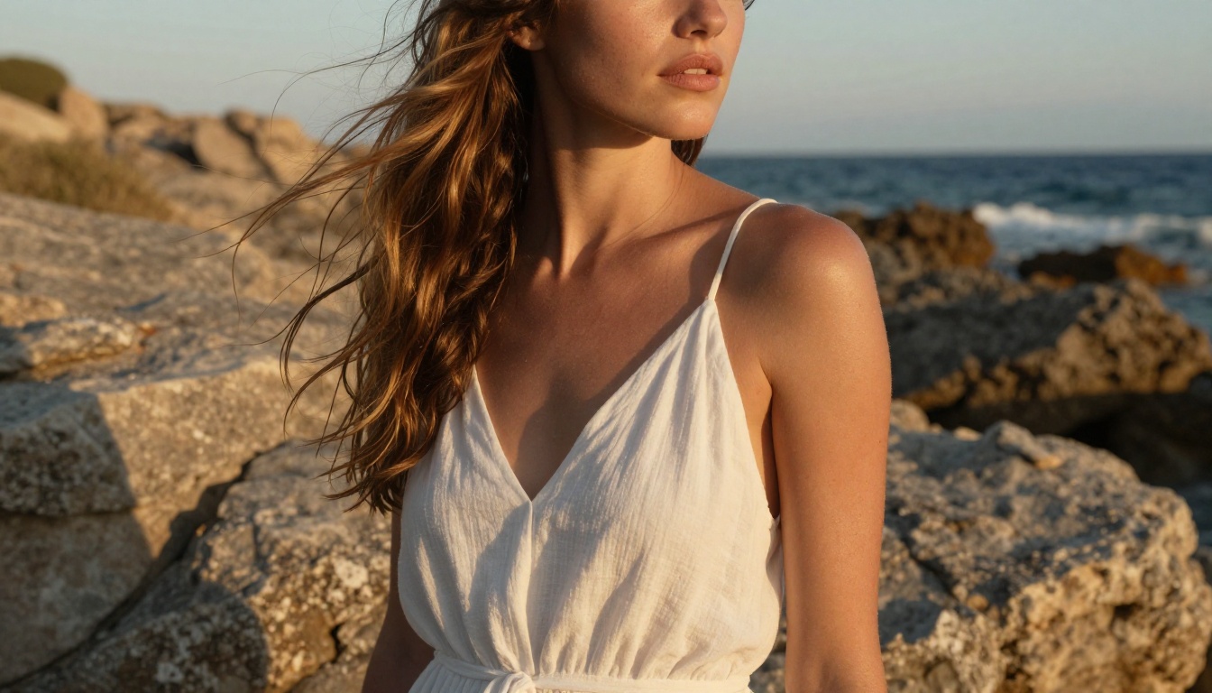 AI creator on rocky Mediterranean coastline at golden hour in flowing white dress AI creator on rocky Mediterranean coastline at golden hour in flowing white dress