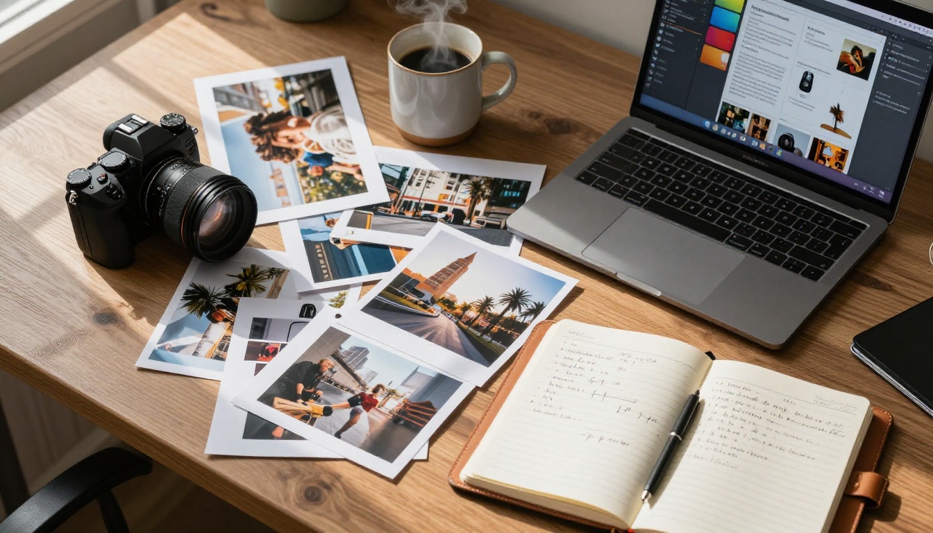 Aerial flat-lay of photographer's desk with AI-generated prints, camera, and laptop showing generation interface Aerial flat-lay of photographer's desk with AI-generated prints, camera, and laptop showing generation interface