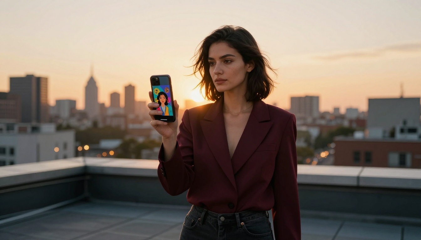 Confident woman on rooftop at sunset holding smartphone displaying AI-generated images Confident woman on rooftop at sunset holding smartphone displaying AI-generated images