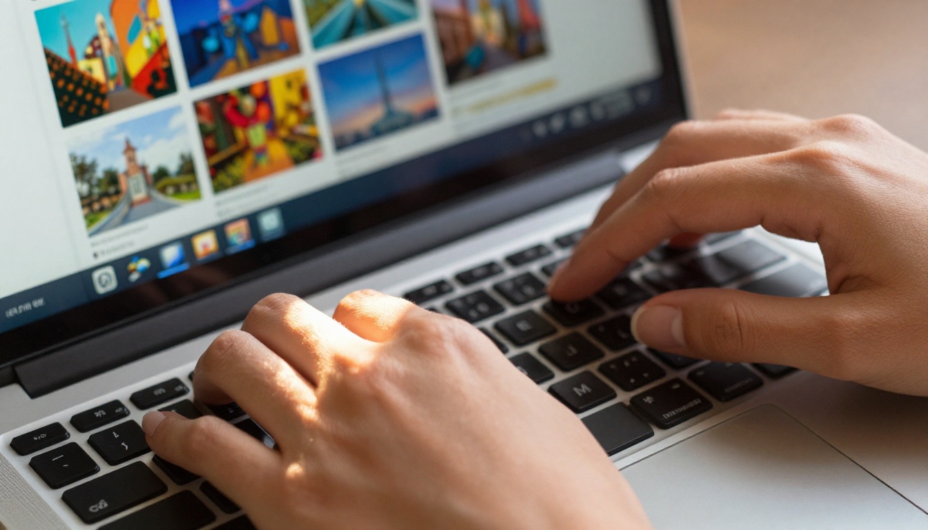 Hands typing on laptop keyboard with AI image generation interface on screen Hands typing on laptop keyboard with AI image generation interface on screen
