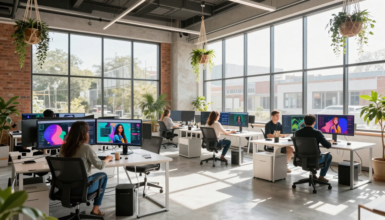 Bright modern co-working space with AI artwork displayed on large curved monitors Bright modern co-working space with AI artwork displayed on large curved monitors