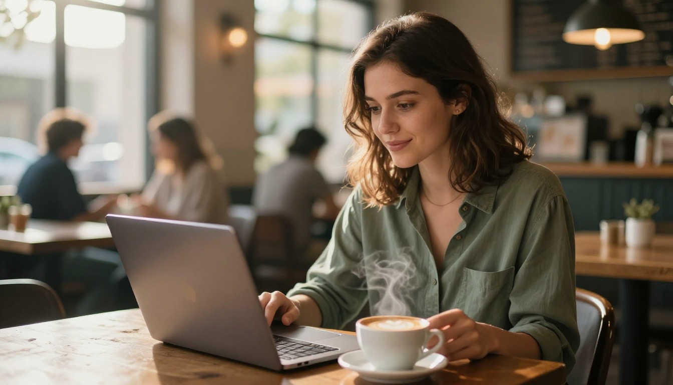 Young woman at cafe table with laptop and latte, satisfied expression in warm afternoon window light Young woman at cafe table with laptop and latte, satisfied expression in warm afternoon window light