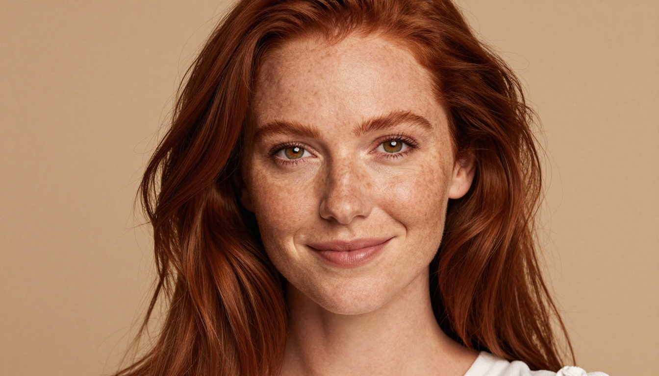 Studio portrait of woman with natural auburn hair and freckles, warm professional three-point lighting Studio portrait of woman with natural auburn hair and freckles, warm professional three-point lighting
