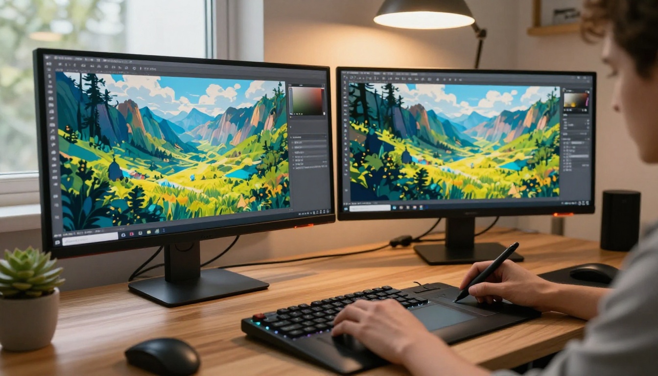 Professional digital art studio with dual monitors showing AI-generated artwork and Wacom drawing tablet Professional digital art studio with dual monitors showing AI-generated artwork and Wacom drawing tablet