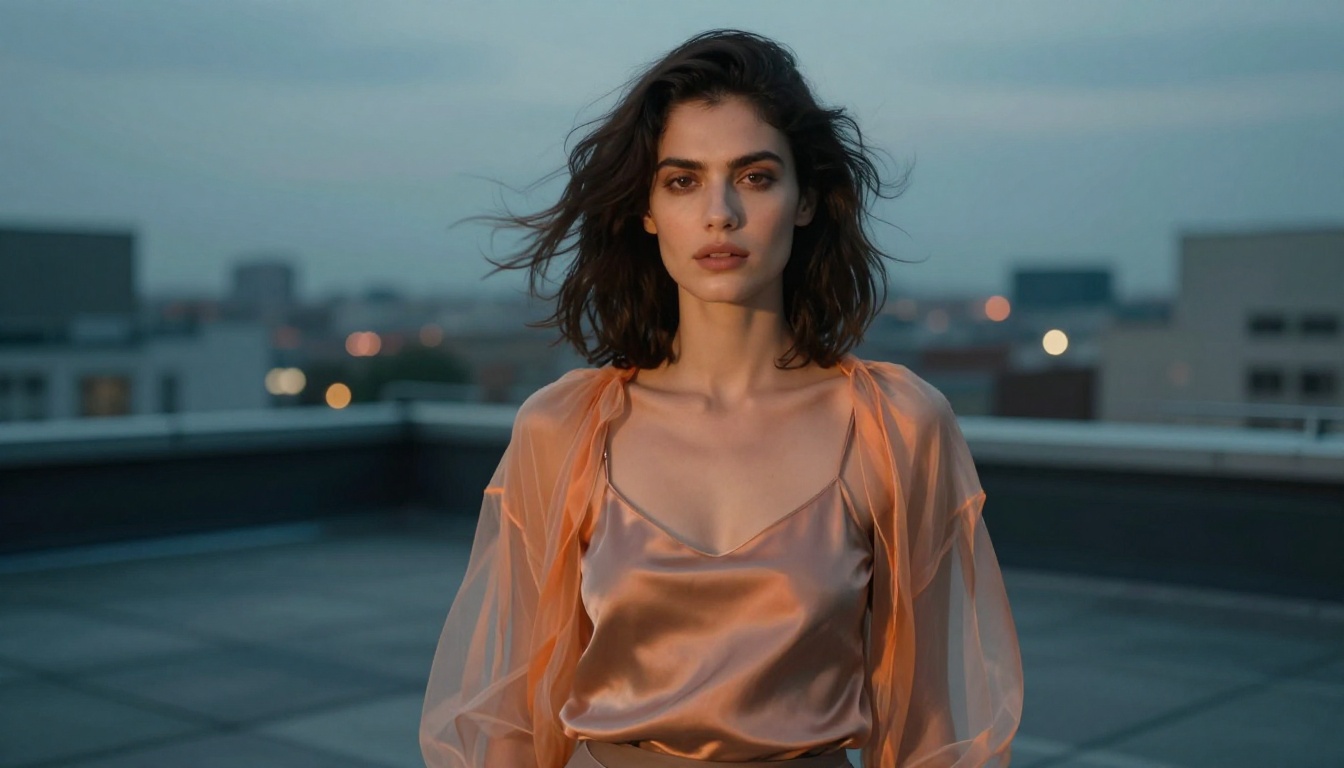 Fashion editorial portrait on an urban rooftop at blue hour with city lights in background