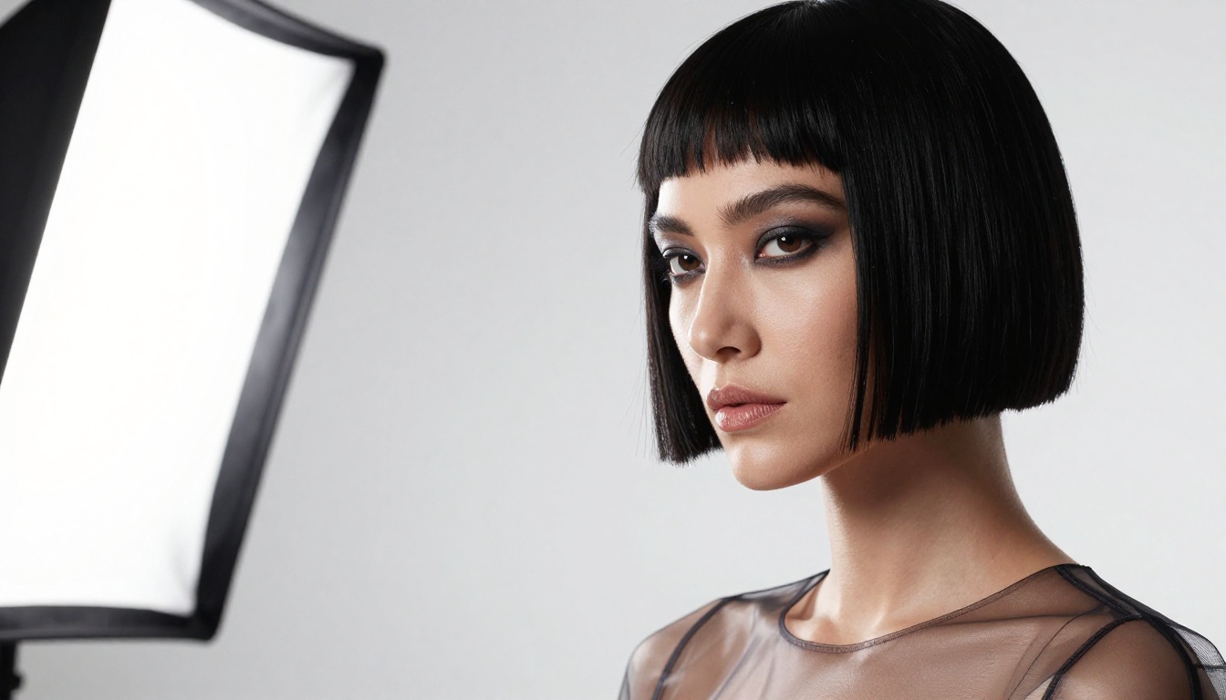 High-fashion studio portrait with split lighting, organza fabric texture, and bold editorial aesthetic