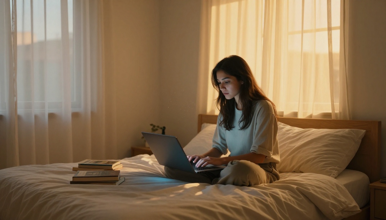 Woman with laptop in bedroom golden hour