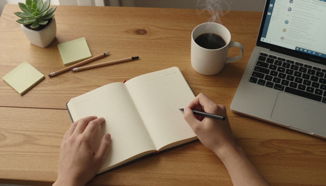 Overhead desk scene with laptop and coffee
