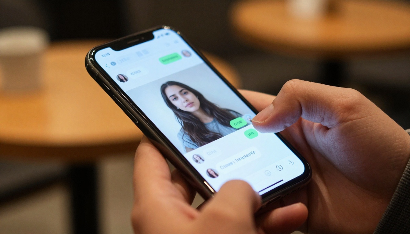 Person holding smartphone showing chat interface