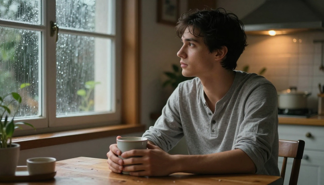 Man at kitchen table with coffee looking at window