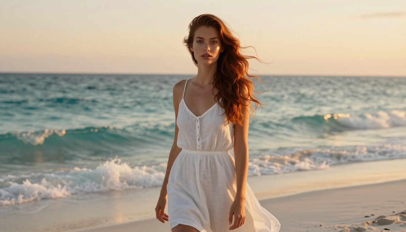 Golden hour beach portrait showcasing photorealistic AI output