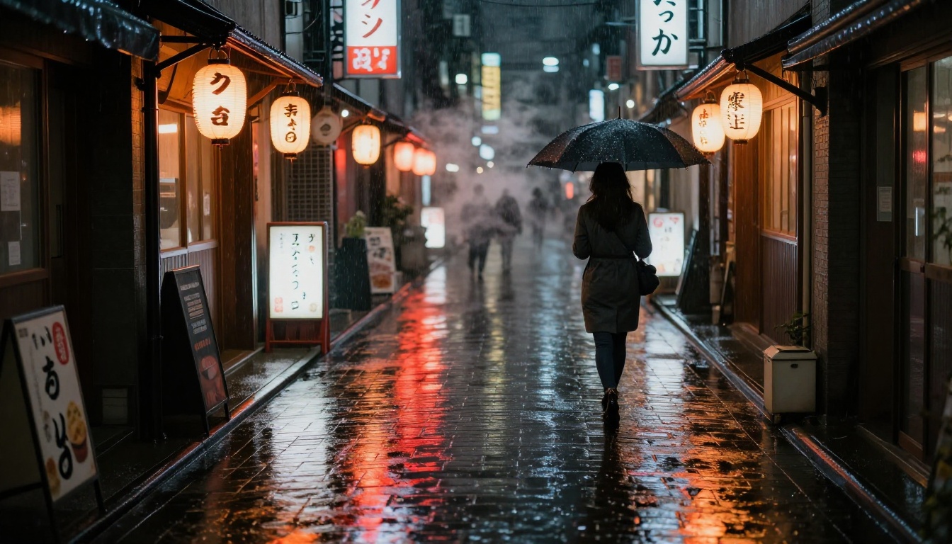 Atmospheric rainy night Tokyo street scene with wet reflections