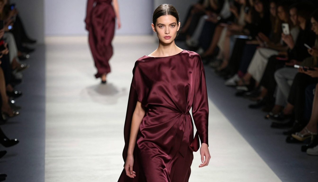 High-fashion runway model captured mid-stride in directional spotlight