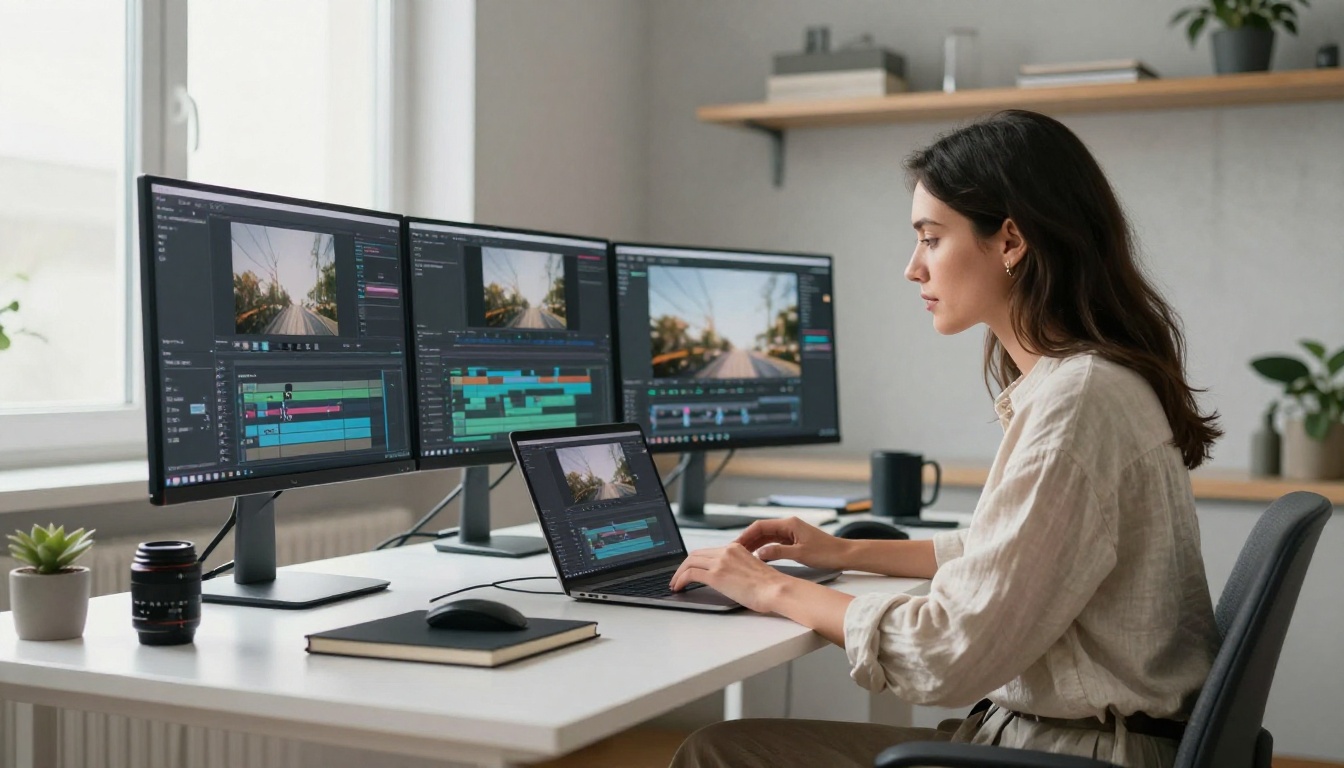 Creative professional reviewing AI video output at a standing desk