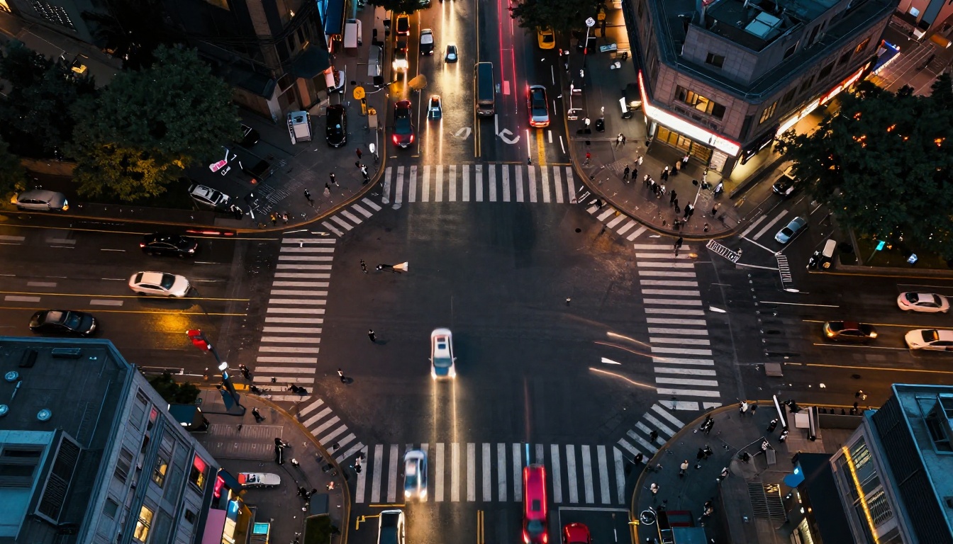 Aerial city lights at dusk showing cinematic urban scale