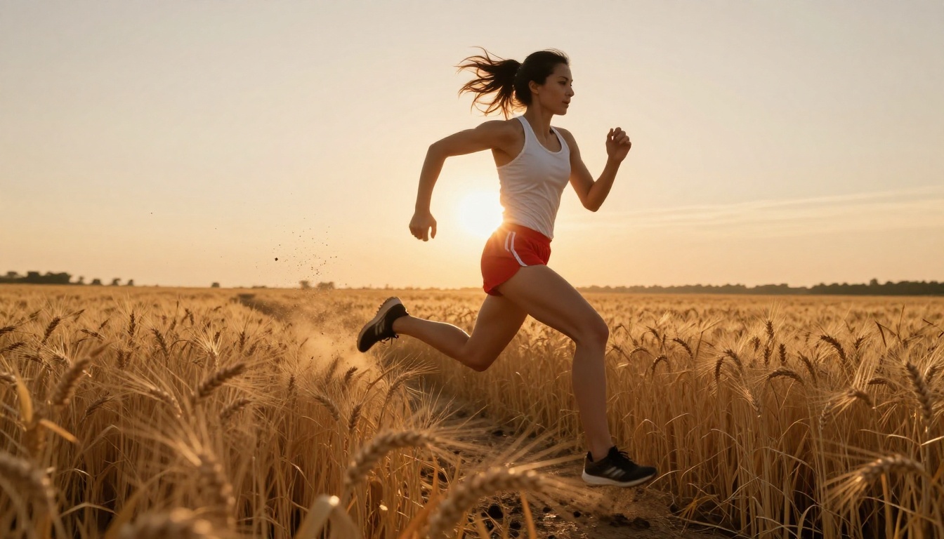 Athletic woman sprinting through golden wheat field at sunrise