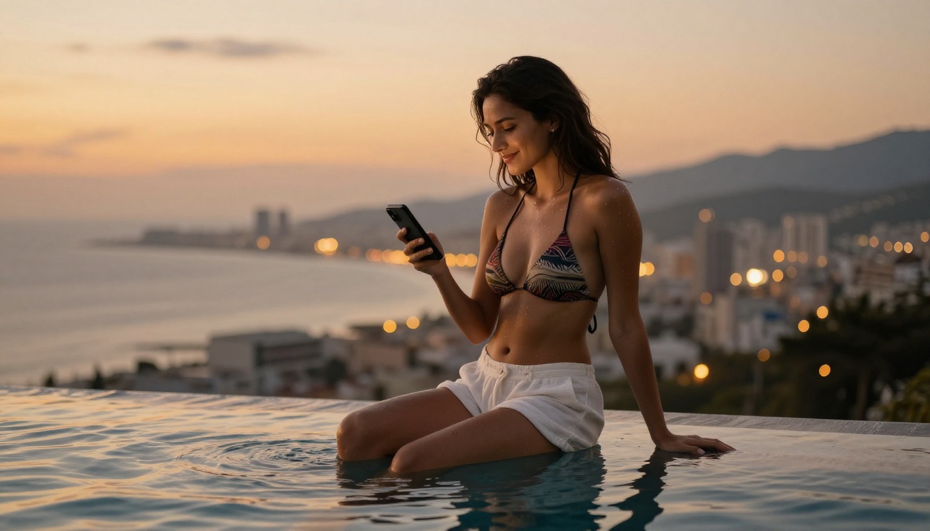 Woman in bikini top at a luxury infinity pool at golden hour holding smartphone