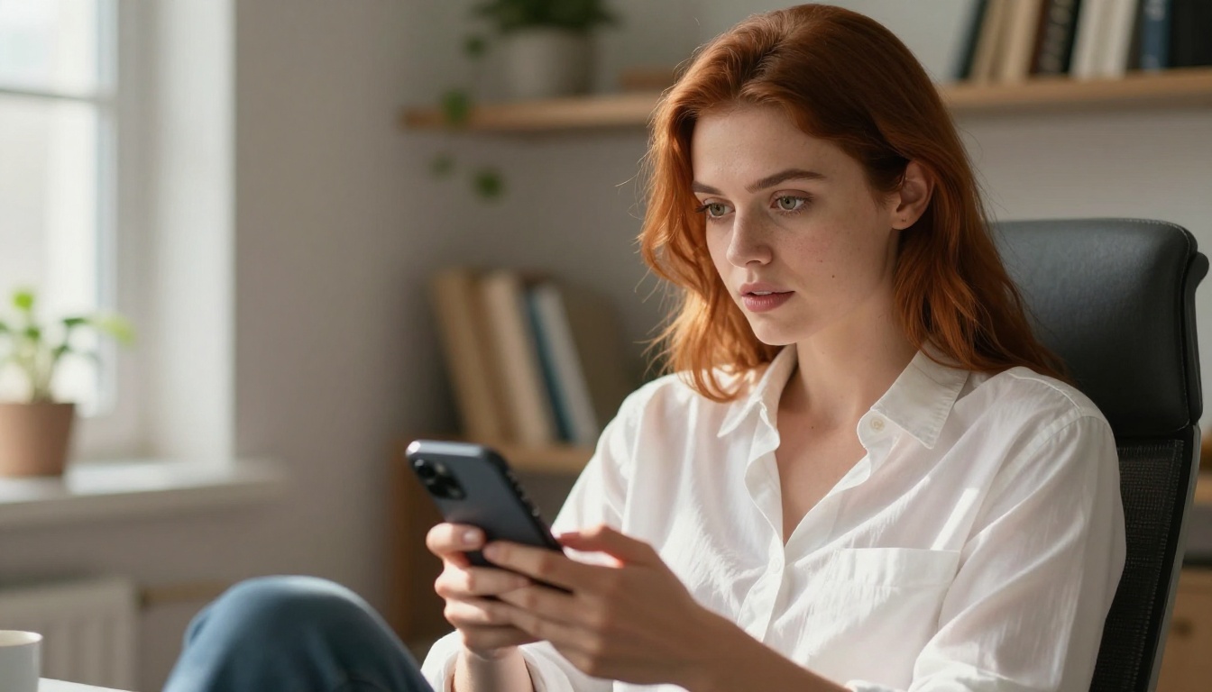 Confident woman reviewing AI chat on smartphone Confident woman reviewing AI chat on smartphone