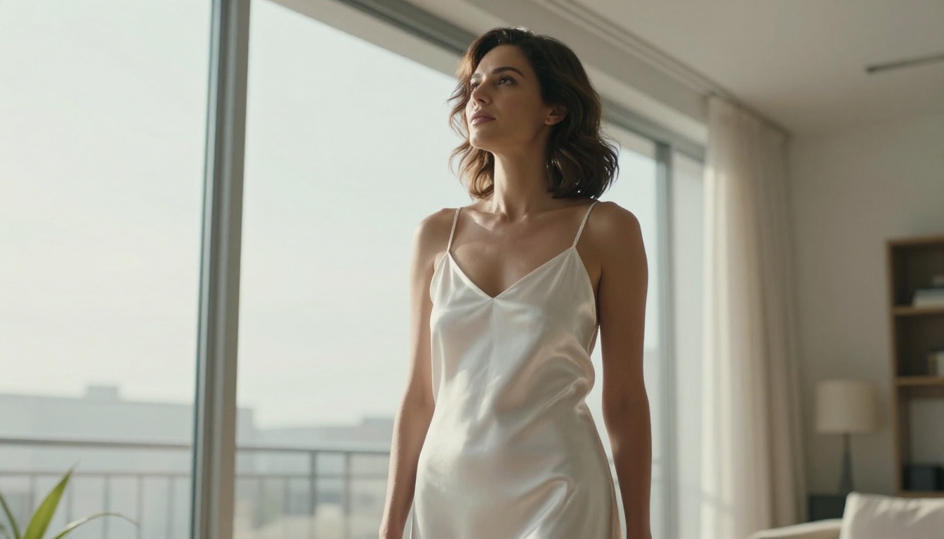 Woman in white silk slip dress backlit by window natural light, low-angle perspective