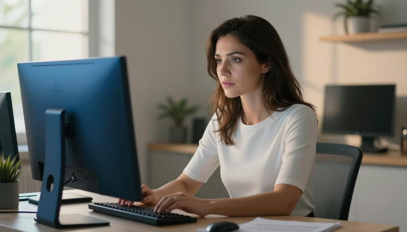 Woman at a modern home office desk with dual-tone screen glow and window light