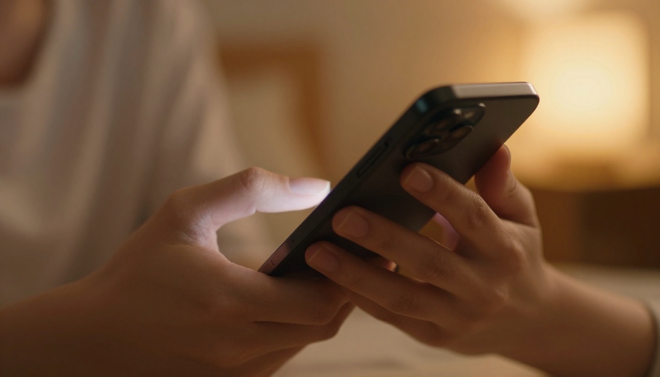 Extreme close-up of a woman's hands holding a smartphone with warm amber screen glow
