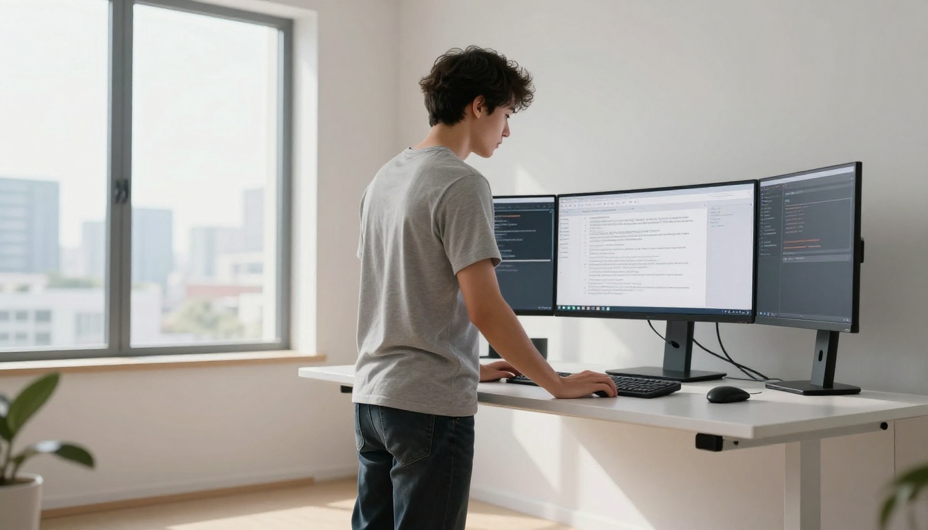 Young man at standing desk with curved AI monitor and city view Young man at standing desk with curved AI monitor and city view