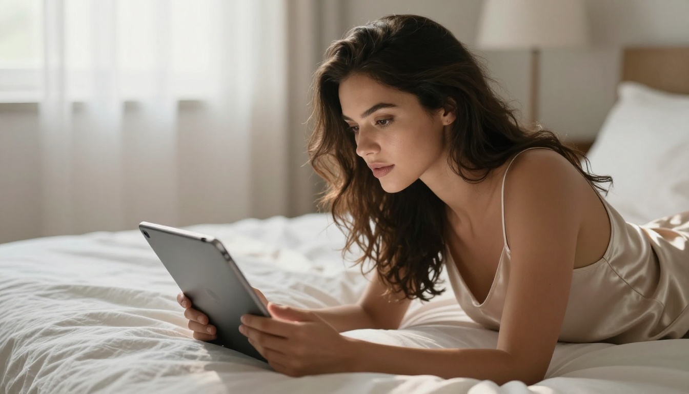Woman relaxing on bed reading AI content on tablet Woman relaxing on bed reading AI content on tablet