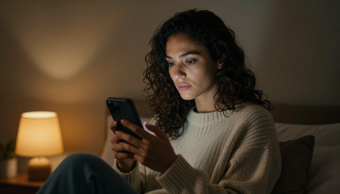 Woman in private room with amber lamp, holding smartphone Woman in private room with amber lamp, holding smartphone