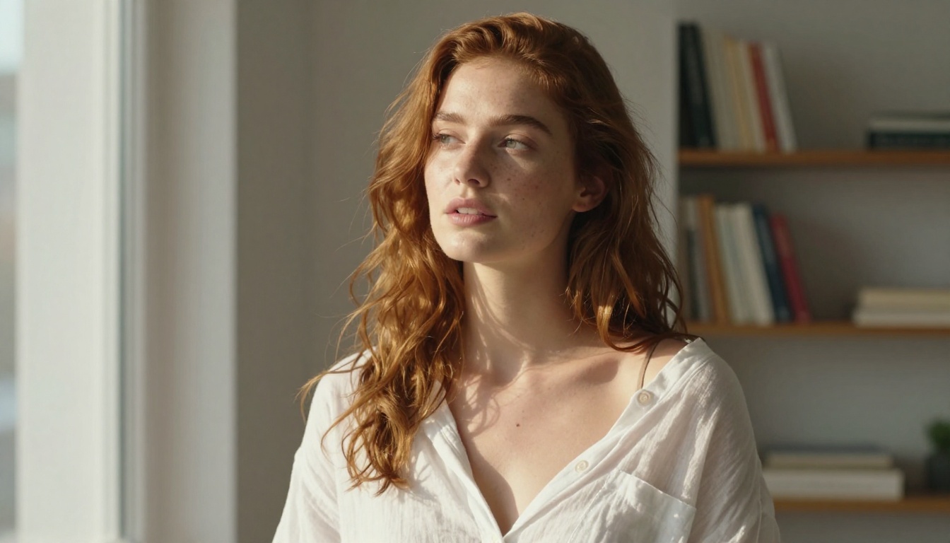 AI waifu with natural auburn hair and soft window lighting, photorealistic portrait