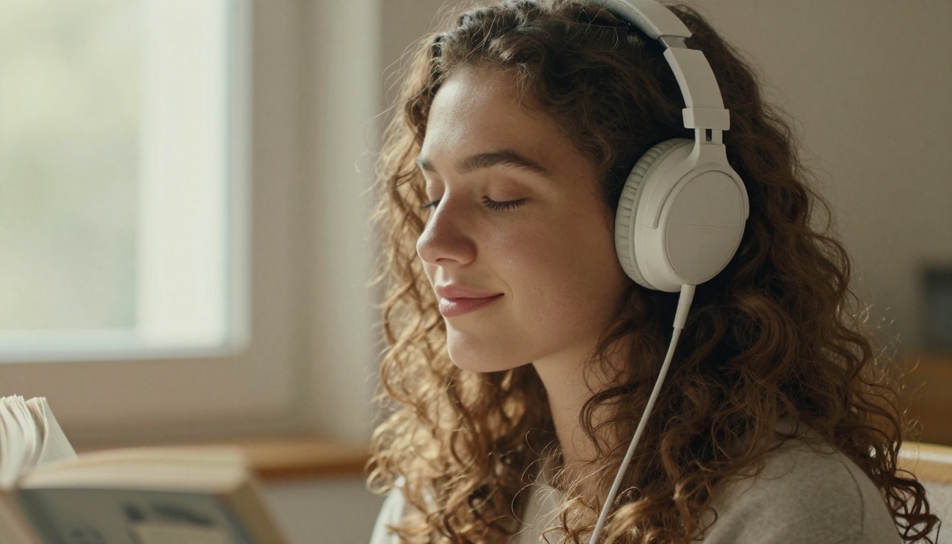 AI companion with soft natural features and warm expression, headphones portrait