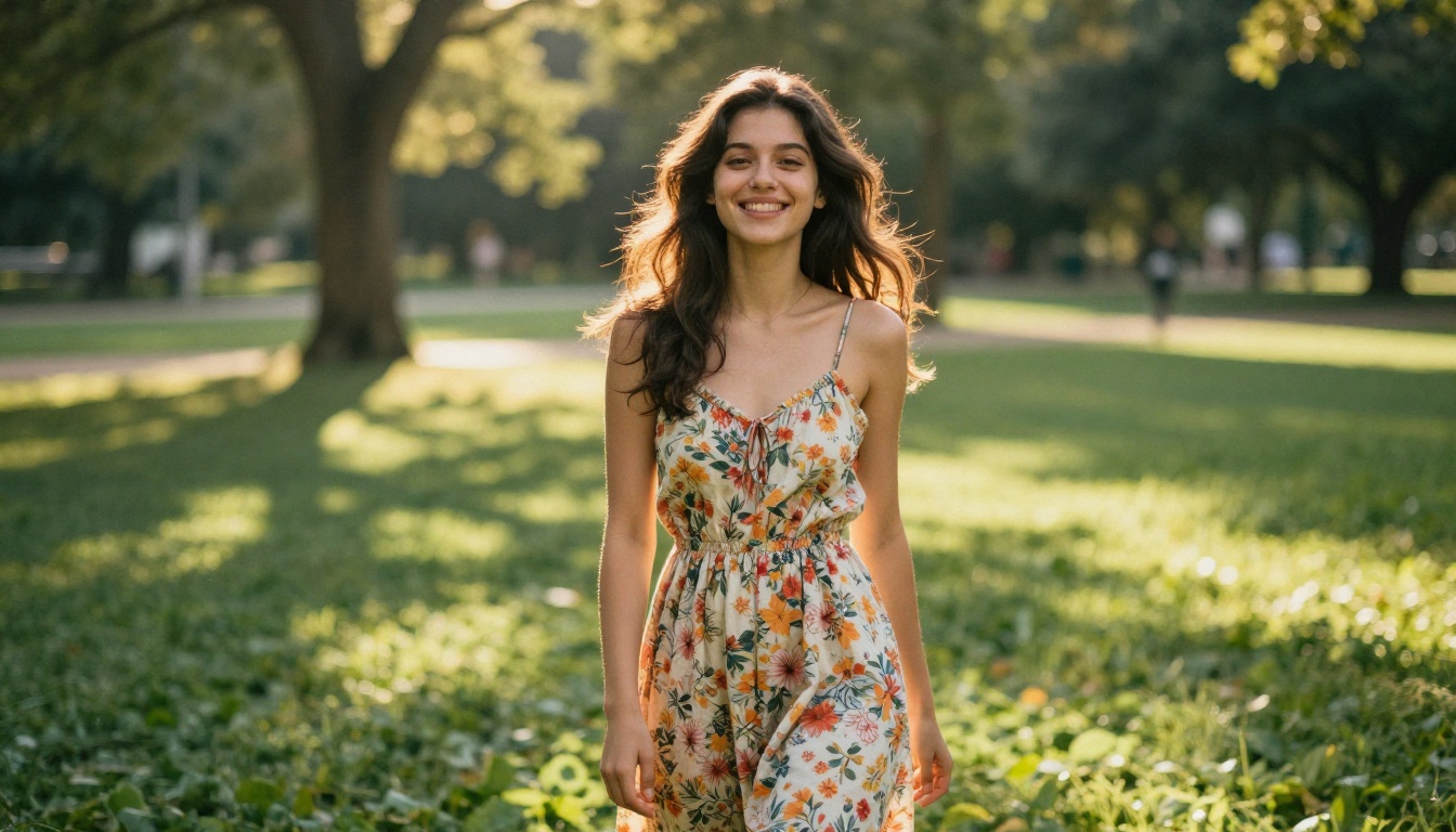 AI waifu in natural outdoor setting, floral dress, golden hour light through trees