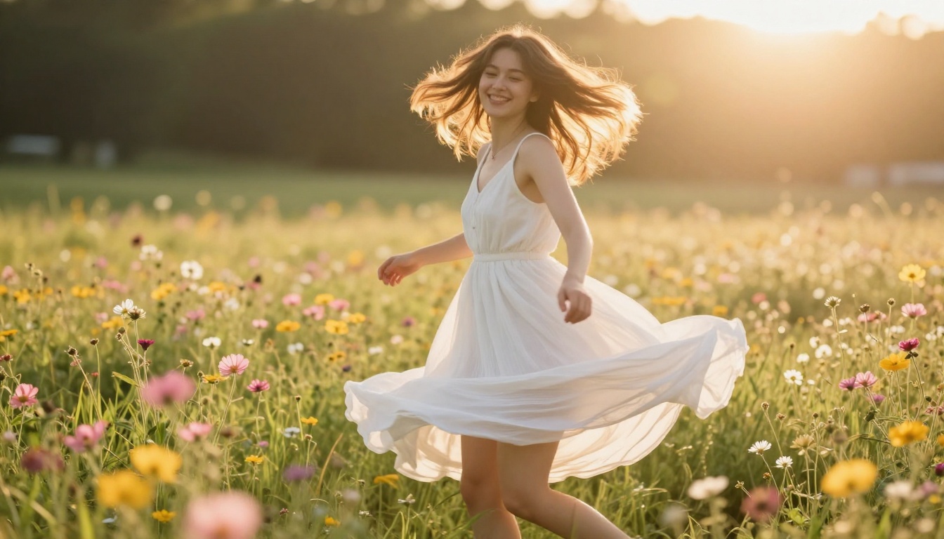 AI waifu in dynamic spinning motion, wildflower meadow, golden hour backlit
