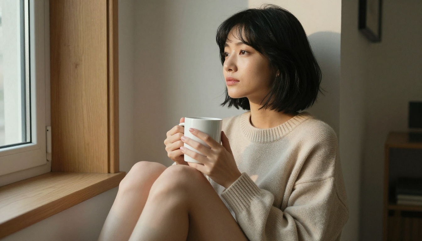 AI waifu in cozy indoor setting, window seat, warm late afternoon light, contemplative