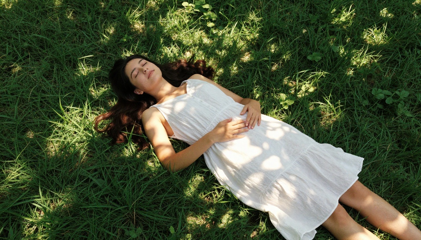 AI waifu lying in dappled sunlight on grass, aerial perspective, white linen dress