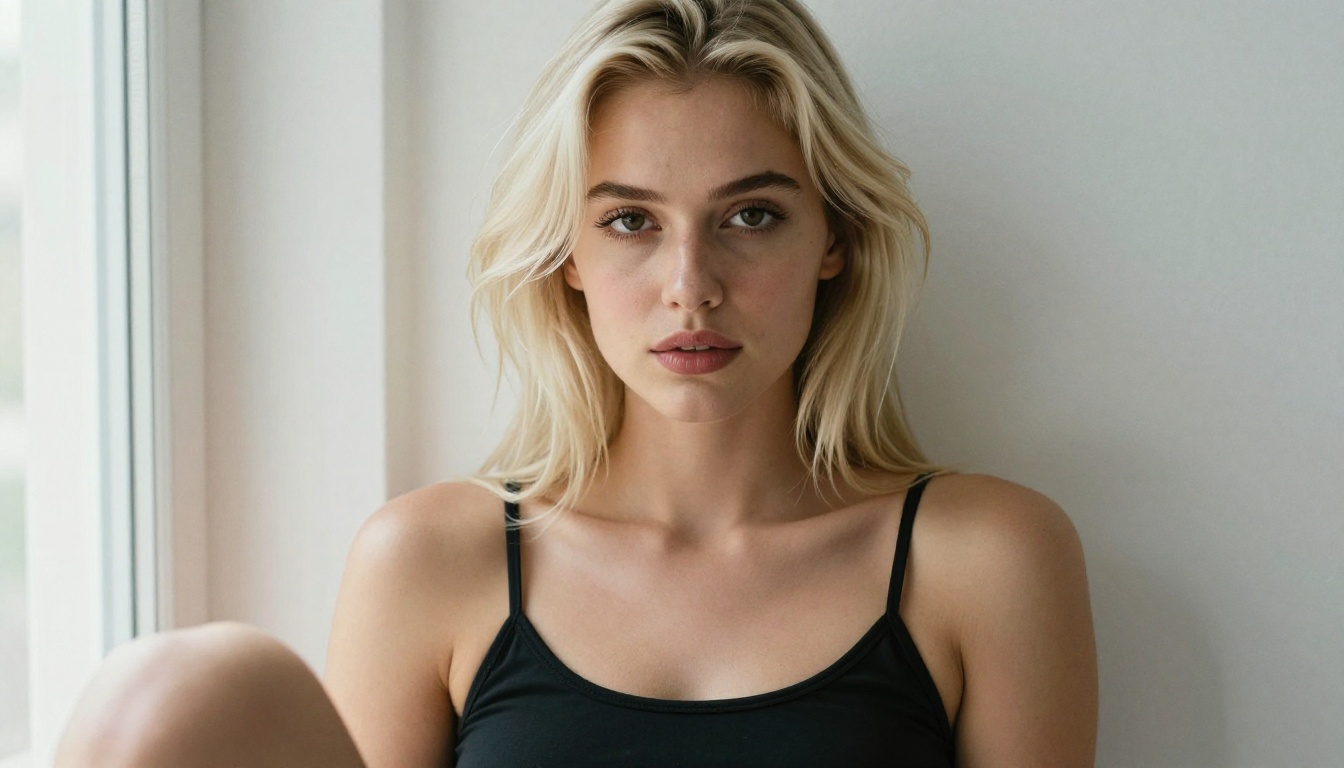 AI waifu portrait with platinum hair and confident direct gaze, natural studio light