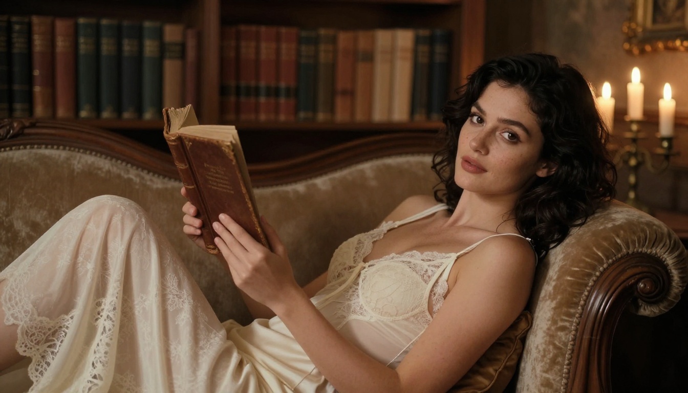 Woman reclining with book in boudoir setting