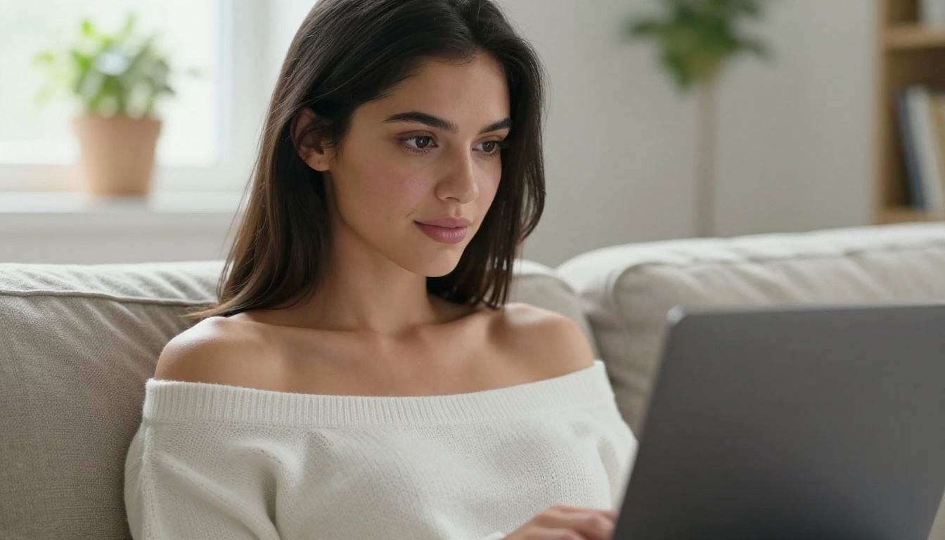 Woman using laptop in cozy morning setting