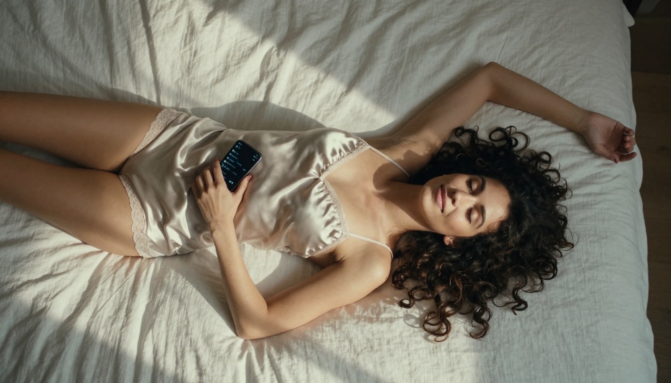 Woman on bed with smartphone showing chat