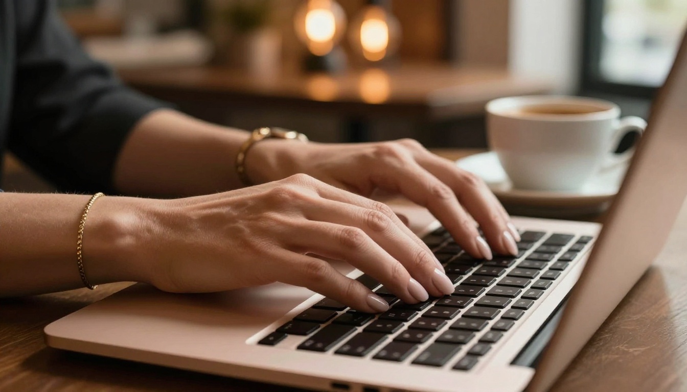 Hands typing on laptop in café setting