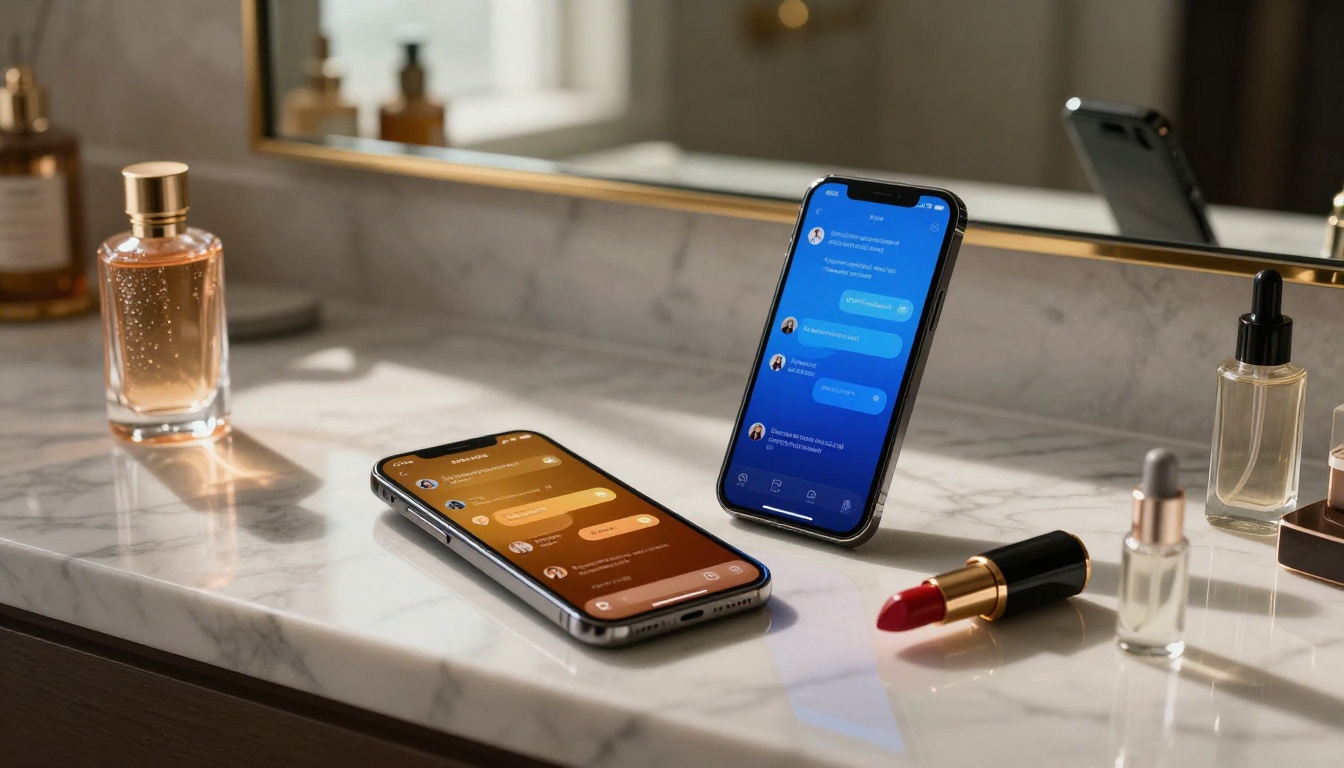 Smartphones on marble vanity with cosmetics