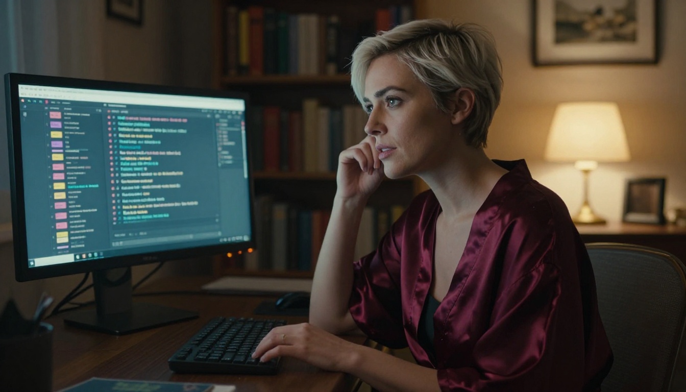 Woman at desk at night with warm and cool light