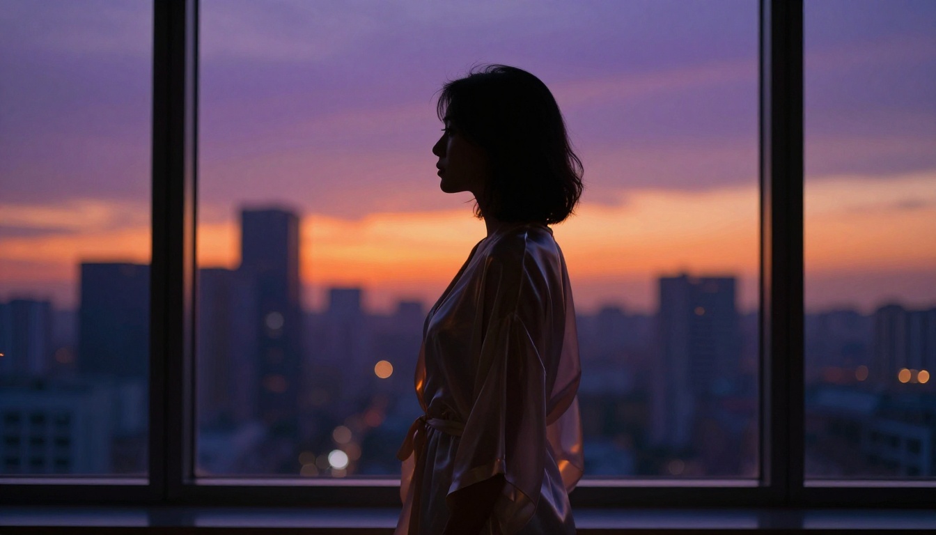 Elegant woman silhouette backlit against floor-to-ceiling window at dusk with rich city skyline bokeh behind her