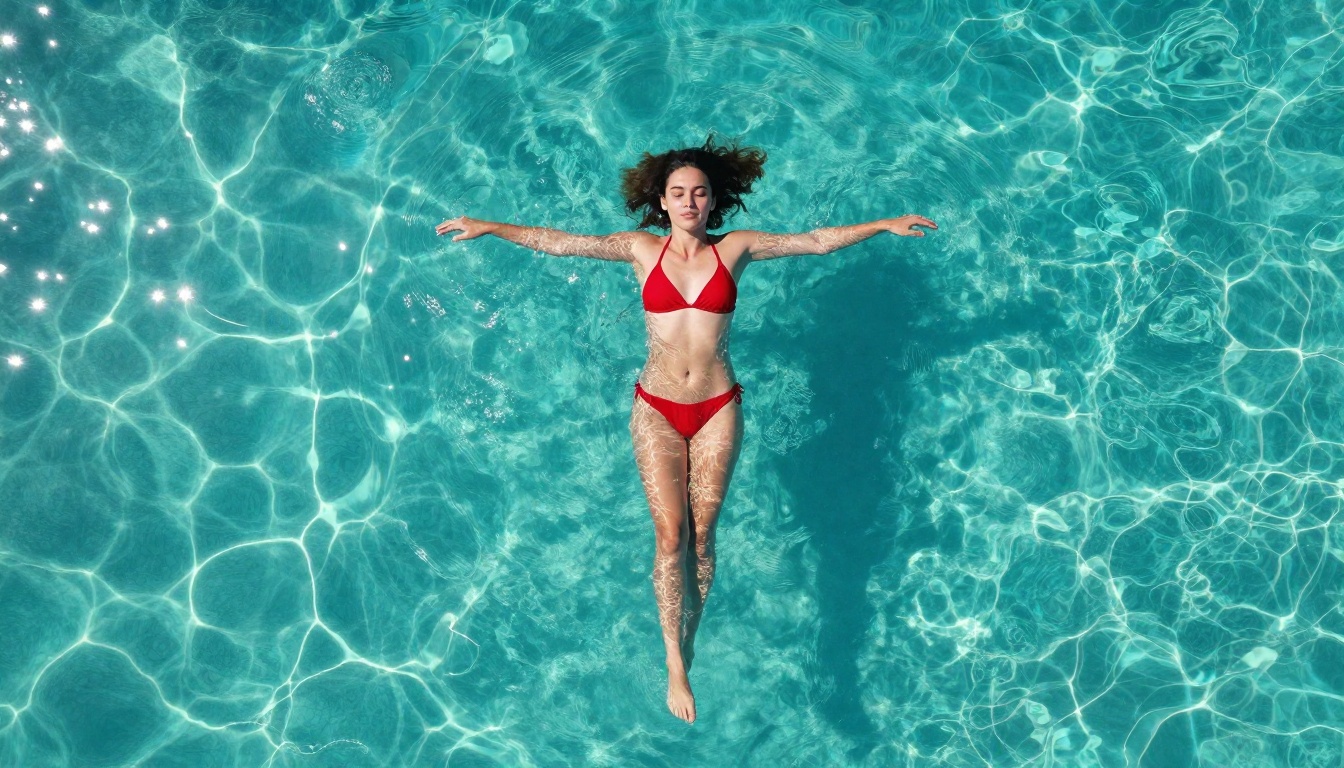 Woman in vibrant red bikini floating in crystal-clear turquoise infinity pool viewed from directly above with caustic sunlight patterns