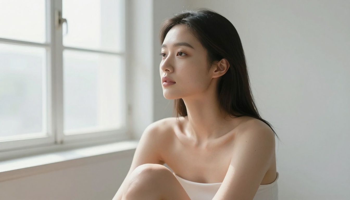 Diffused window natural light portrait of a woman in minimalist studio Diffused window natural light portrait of a woman in minimalist studio