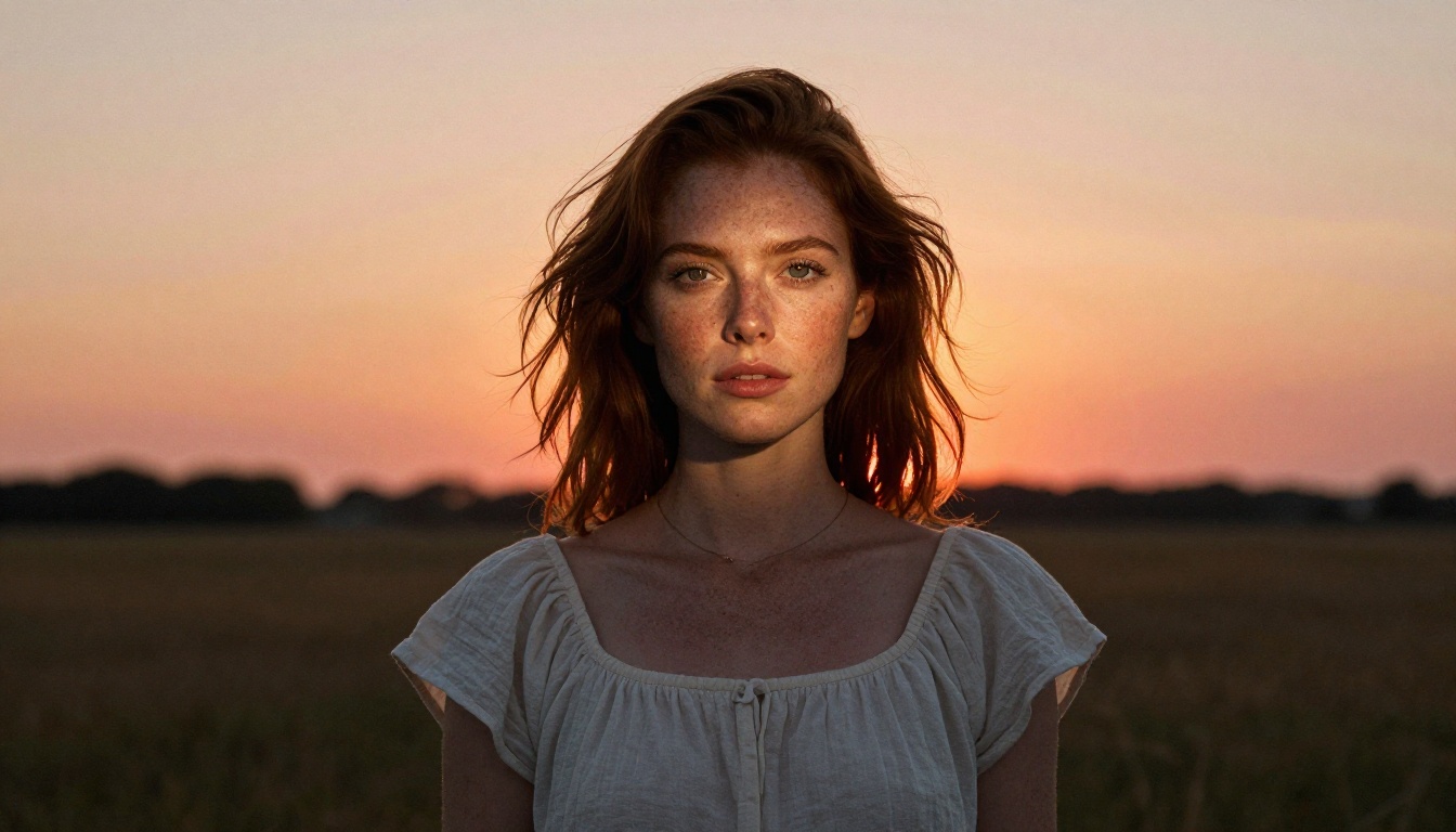Red-haired woman portrait outdoors during magic hour with rim light halo Red-haired woman portrait outdoors during magic hour with rim light halo