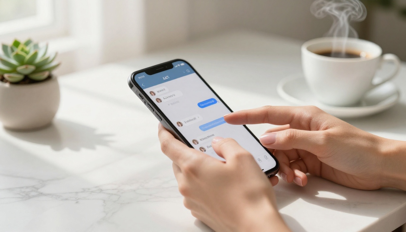 Close-up of elegant hands typing on a smartphone showing an AI chat interface on a marble desk surface, soft morning light
