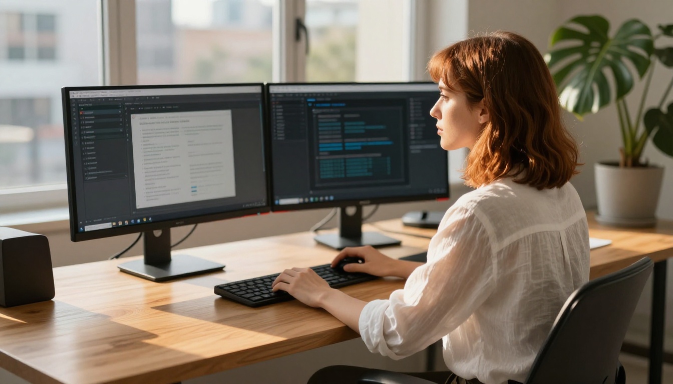 Young professional woman at a minimalist home office desk with dual monitors showing AI platform interfaces, late afternoon golden sunlight